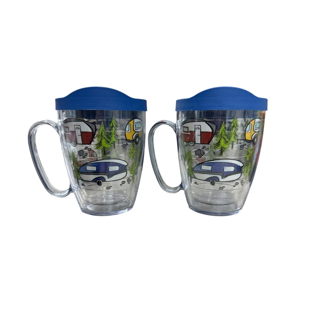 Tervis Tumbler 16oz Mug Set of 2 Retro Camper Camping Design with Blue Lids